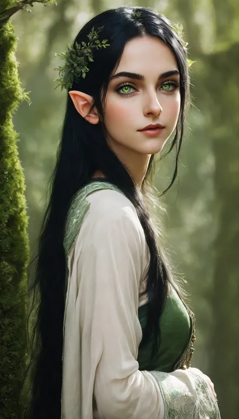 Extremely beautiful elf, approximately 20 years old. Moss green eyes. Long straight black hair. 