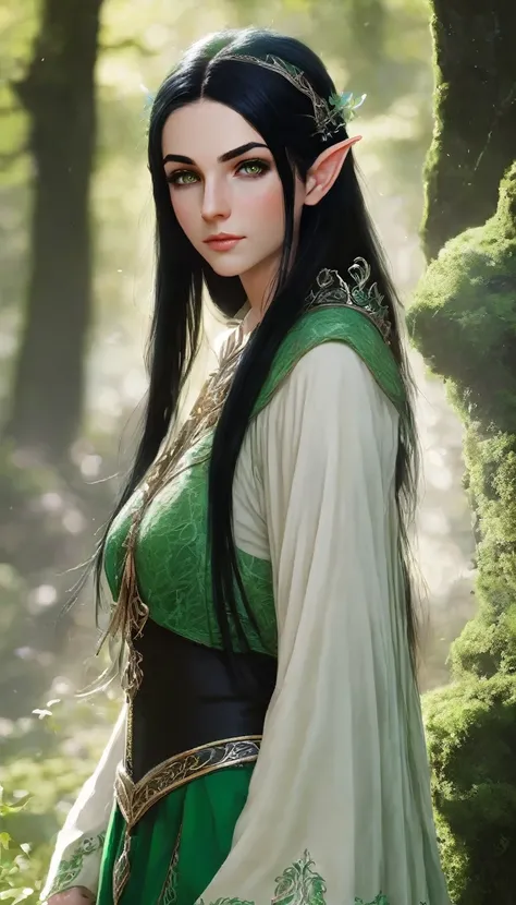 Extremely beautiful elf, approximately 20 years old. Moss green eyes. Long straight black hair. 