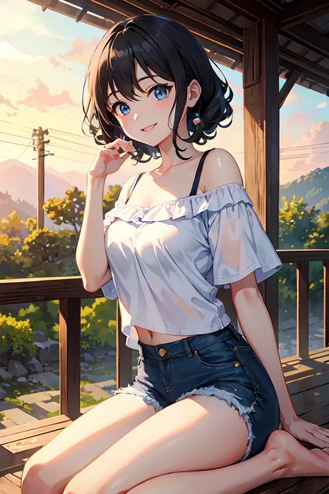 CG, Unity, 8k, wallpaper, highest quality,sunlight、Perfect lighting、 masterpiece, haruka amami, (smile: 1.2), 1 high school girl、Black Hair、Curly Hair、Blue Eyes、Dense lips、Light blue T-shirt、Off the shoulder、 BREAK denim shorts, barefoot, Thighs, Best ligh...