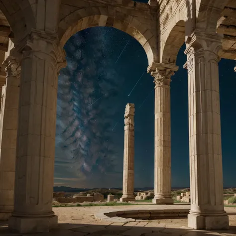 Two Roman pillars in the middle. with the universe as the background Contains many stars and shooting stars, 4k, unique, realistic.