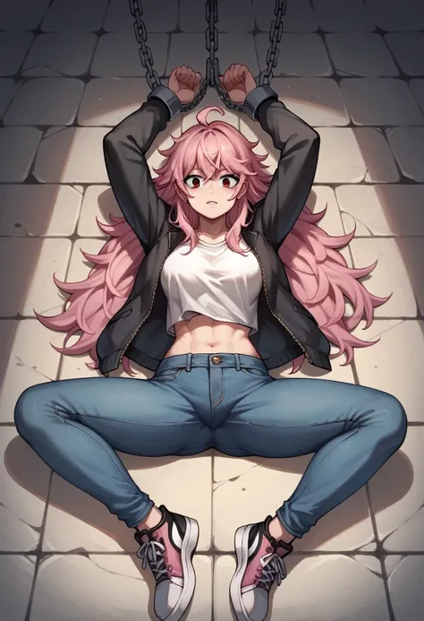 score_9, score_8_up, score_7_up, score_6_up, score_5_up, score_4_up, source_anime, 1woman, floor, pink hair , long hair, black e...