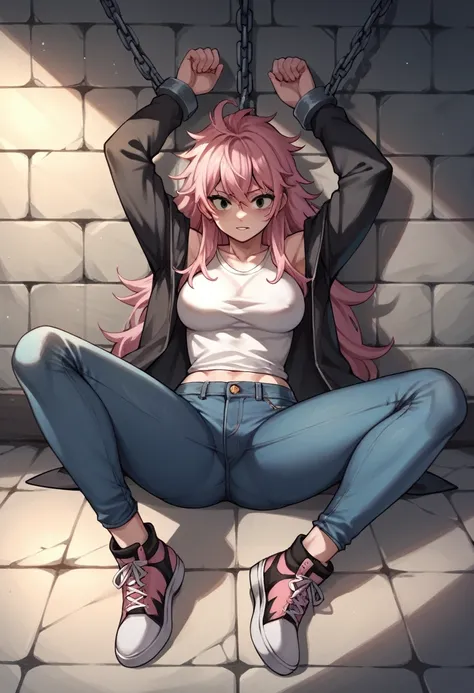 score_9, score_8_up, score_7_up, score_6_up, score_5_up, score_4_up, source_anime, 1woman, floor, pink hair , long hair, black eyes, w-w-chain, shackles, spread arms, messy hair, black topics, jacket, jeans, sneakers, lacing, dungeon, best quality, best re...