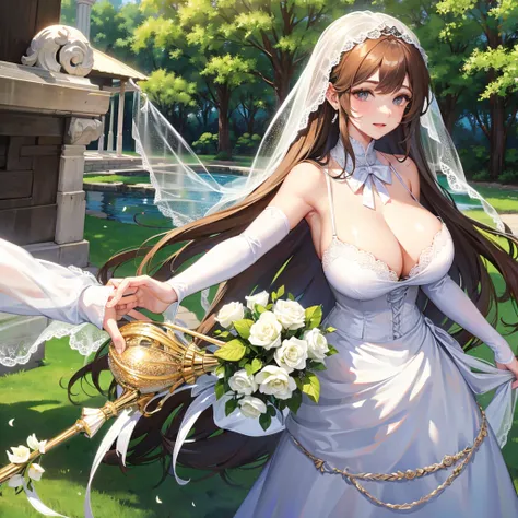 Huge breasts in a micro bra in a wedding dress with a lace neckline in the park with a veil and bouquet