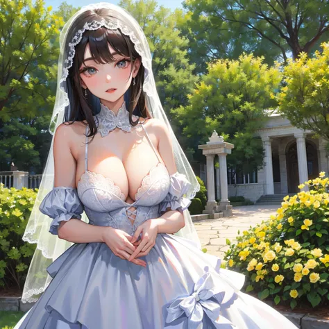 Huge breasts in a micro bra in a wedding dress with a lace neckline in the park with a veil and bouquet