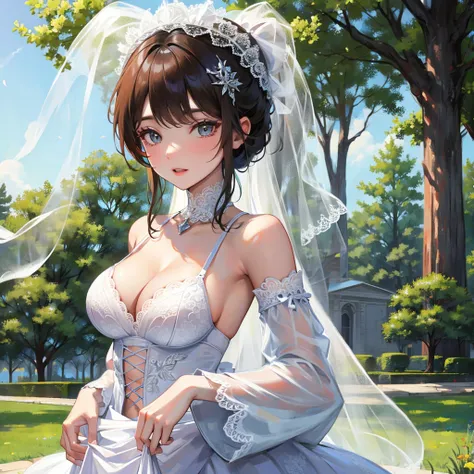 Huge breasts in a micro bra in a wedding dress with a lace neckline in the park with a veil and bouquet