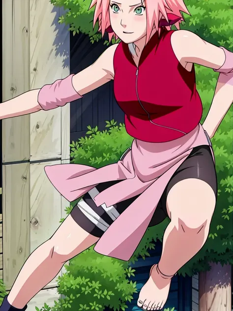 sakura haruno nude,wide hips,abdomen,sexy ,show your armpits,jump,on the tree,ipst, naked,torn shirt,blushing,sexually aroused, ...