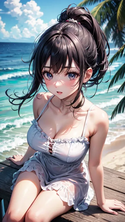 Very cute beautiful girl,A white sundress with delicate ruffles,(Very fine beautiful face), (lol),Black Hair, cloth,Beach,Panini,(From above), (Highest quality,masterpiece:1.2),Absurd,High resolution,Very detailed,Very detailed,32K,8k resolution, Intricate...