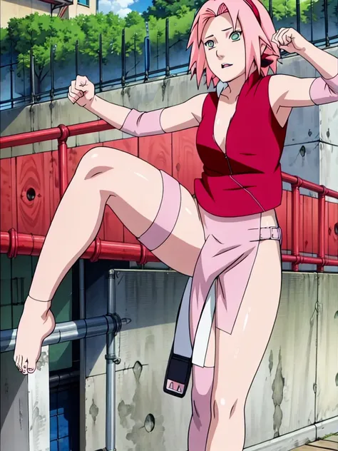 sakura haruno nude,wide hips,abdomen,sexy ,show your armpits,jump,on the tree,ipst, naked,torn shirt,blushing,sexually aroused, ...