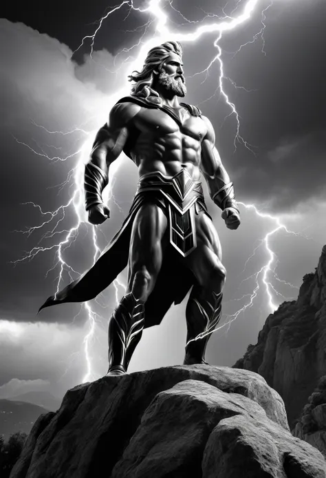 Zeus, the Greek god of thunder, standing on a mountaintop, wielding a lightning bolt, in black and white modern style."
