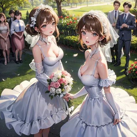 Huge breasts in a micro bra in a wedding dress with a lace neckline in the park with a veil and bouquet