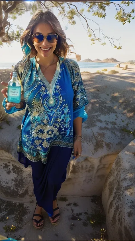 smiling woman in sunglasses holding a blue bottle and a cell phone, Wearing an old tunic, fechar photo by full body, carrying a bottle of perfume, photo by full body, blue tunic, gorgeous lady, full length portrait holding bottle, close to the beach, full ...