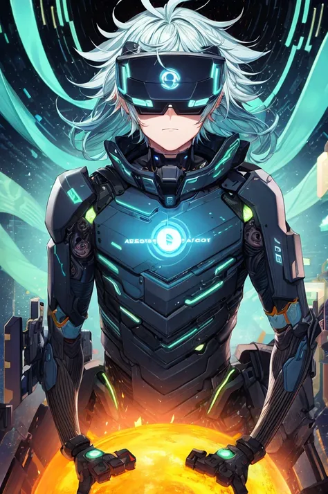 best quality, head-mounted display,
(1 boy), twink, exposed abdomen, surrounded by azure neon, blone short messy hair, floating azure hair, NodesTech mascara, NodesTech headdress, long hair, ethereal hair, multicolored azure hair,
BREAK sci-fi background, ...