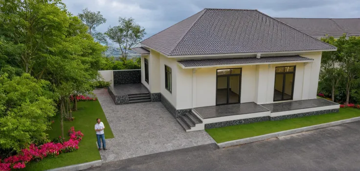 Raw photo,Masterpiece, high quality, best quality, authentic, super detail, exterior, outdoors, house style indochine, Many bougainvilleas along the road ,aiaigroup road,pavement, grass, trees, sky, cloud, (day:1.1), vivid colour