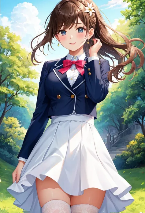 Close-up of a beautiful girl in a , a short skirt and a blazer, walking to school, blue sky with white clouds, brown hair, bangs, swept bangs, french braid, long hair, ponytail, wavy hair, expressive hair, shiny hair, hair ribbon, hair flower, dilated pupi...