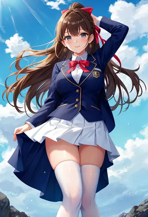 Close-up of a beautiful girl in a , a short skirt and a blazer, walking to school, blue sky with white clouds, brown hair, bangs, swept bangs, french braid, long hair, ponytail, wavy hair, expressive hair, shiny hair, hair ribbon, hair flower, dilated pupi...