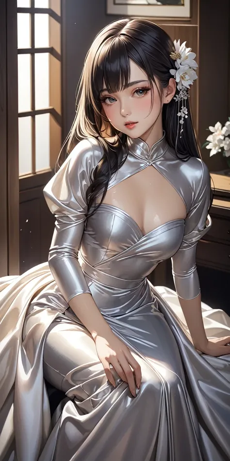 Portraiture、(masterpiece,Highest quality,Ultra-high resolution),Japanese women, (((Very beautiful 25 year old girl))),She is wearing a long-sleeved dress made of shiny satin fabric.