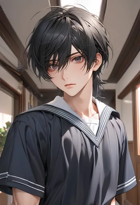 A highschool boy, handsome, perfect body, black hair, short hair, mullet, black eyes, upturned eyes, expressionless, black highschool uniform, anime, first-person view, masterpiece, anatomically correct, high details, highres, best quality, super detail, 1...