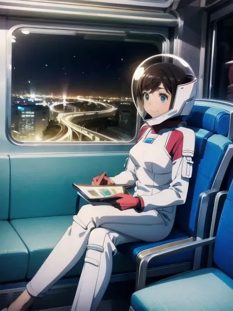 space helmet, (cinematic scene, sitting on a chair, train interior, , city view, night view: 1.5), space helmet, eva helmet, spa...