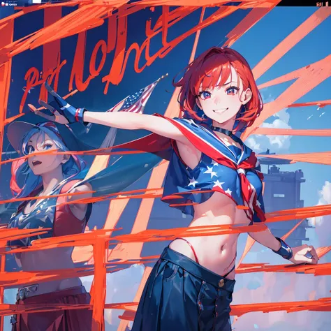 1girl, smiling, red white and blue hair, crop top, skirt, USA flag cape, heroic pose, dutch angle, side shot, (best quality,4k,8k,highres,masterpiece:1.2),ultra-detailed,(realistic,photorealistic,photo-realistic:1.37),vivid colors,dynamic composition,Ameri...