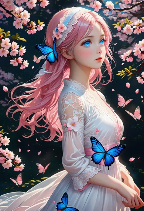 (CG unity 8K wallpaper extremely detailed) (Better quality) (Better lighting) (an extremely delicate and beautiful) (floating) (beautiful) (The breath of spring) (1 Girl) (Pink long hair), (Hair Headband), (detailed and beautiful blue eyes), ((Very short w...