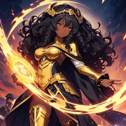 (Anime 2D:1.2) (imperial clothing:1.1) (dark skin:1.2) (curly hair:1.2) (golden boots:1.1) (mystical eyes:1.1) (regal pose:1.1) (detailed background:1.1) (majestic :1.2) (confident:1.1) (imperial setting:1.1)