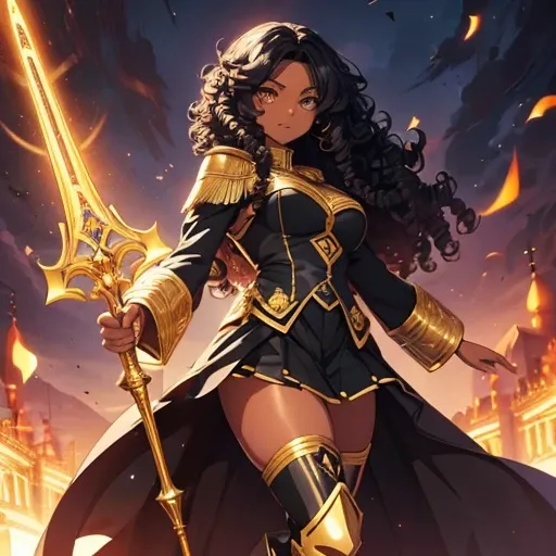 (Anime 2D:1.2) (imperial clothing:1.1) (dark skin:1.2) (curly hair:1.2) (golden boots:1.1) (mystical eyes:1.1) (regal pose:1.1) (detailed background:1.1) (majestic :1.2) (confident:1.1) (imperial setting:1.1)