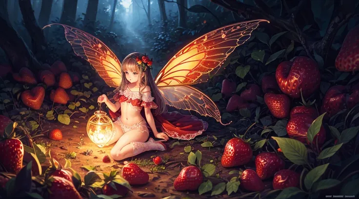 ( Absurd, High quality, ultra-detailed, masterpiece, concept art, smooth, highly detailed artwork, hyper-realistic painting ) , tiny , strawberry girl, Strawberries, cute, whole body, Romantic, Vivid, dreamy, fantasy, fairy wings, in the forest, enchanting...