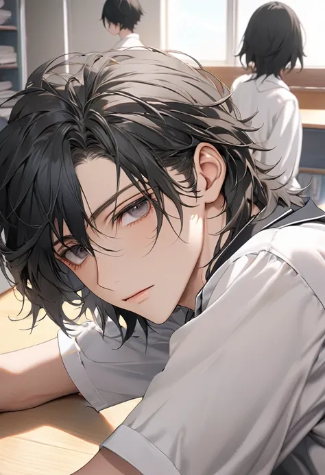 A highschool boy, handsome, perfect body, black hair, short hair, mullet, black eyes, upturned eyes, expressionless, black highschool uniform, anime, first-person view, masterpiece, anatomically correct, high details, highres, best quality, super detail, 1...