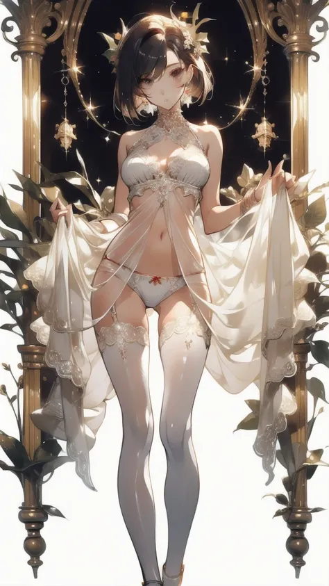 ((masterpiece, best quality)), Delicate face，Beautiful goddess，Christmas，Standing picture，whole body，Perfect body proportions，Long legs，Handsome short hair，beautiful eyes，Fantasy style，White background，Extremely beautiful，transparent，Sexy，Sexy Lingerie