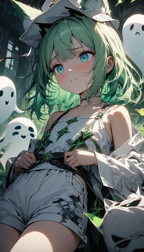 young girl, long light green hair, turquoise eyes, fox ears, exorcism hat, white Chinese shirt, white shorts, green elements, flat chest, ghosts, sad, Masterpiece, best quality, Full HD, 8k, ultra details, great graphic