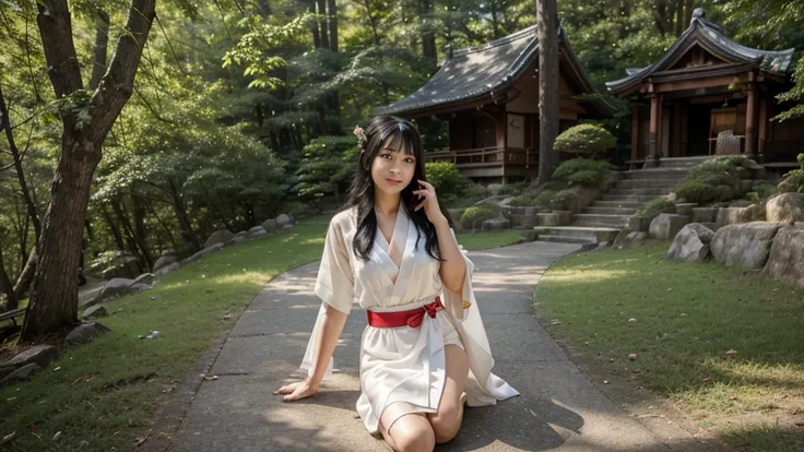 A shrine maiden is elegantly dressed in a thin, skin-transparent Japanese kimono and stands gracefully on a sacred hill in the forest., A gold collar around his neck、Her chest is exposed and beautiful.。The feet are wearing sandals.。A kimono with a waist-le...