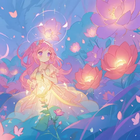 beautiful girl in glowing layered fantasy dress, fairy girl, sparkling glowing lights, long glowing purple pink hair, otherworldly flowers and colorful plants, inspired by Glen Keane, inspired by Lois van Baarle, fantasia otherworldly landscape, fantasia b...