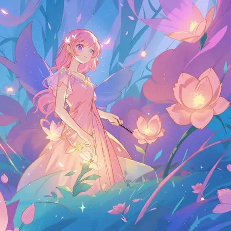 beautiful girl in glowing layered fantasy dress, fairy girl, sparkling glowing lights, long glowing purple pink hair, otherworldly flowers and colorful plants, inspired by Glen Keane, inspired by Lois van Baarle, fantasia otherworldly landscape, fantasia b...