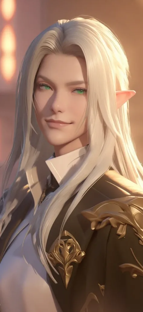 Blonde and green eyes、Woman wearing a black jacket, a portrait of Male Elf, Beautiful male elf, elven character with smirk, Character close-up, Character Art Close-Up, Male Elf, Close-up Character, Character portrait close-up, 8K Portrait Rendering, 3d ren...