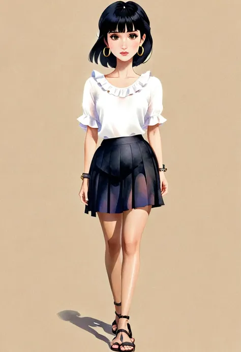 A woman looking straight ahead, she has black hair with bangs, brown eyes, small freckles on her face, earrings in her ears and a chain on her arm. She is wearing a black skirt and white blouse with ruffles. She has black sandals on her feet. watercolor st...