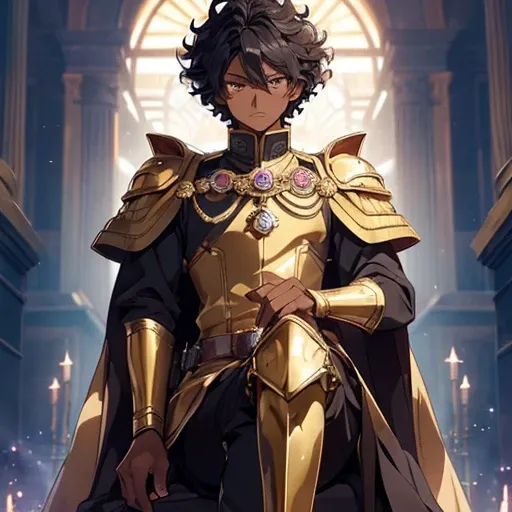 (Boy:1.2),(male gender:1.2,(Anime 2D:1.2) (imperial clothing:1.1) (dark skin:1.2) (curly hair:1.2) (golden boots:1.1) (mystical eyes:1.1) (regal pose:1.1) (detailed background:1.1) (majestic :1.2) (confident:1.1) (imperial setting:1.1)