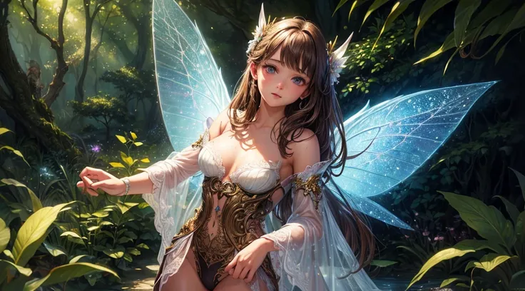 ( Absurd, High quality, ultra-detailed, masterpiece, concept art, smooth, highly detailed artwork, hyper-realistic painting ) , tiny , cute, whole body, Romantic, Vivid, dreamy, fantasy, fairy wings, in the forest, enchanting glow, very detailed art, revea...