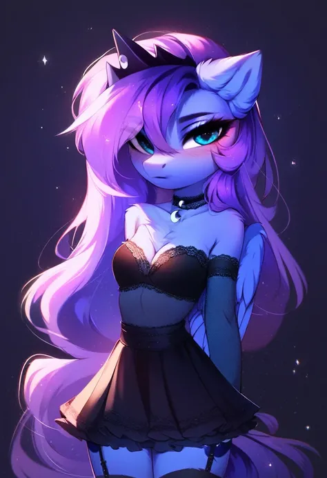 check_9, check_8_up, check_7_up, source_fluffy, rating_safe, from Magnaluna, Luna poses seductively in a gothic bedroom, antro, blushing, blue body, purple mane, black lingerie skirt