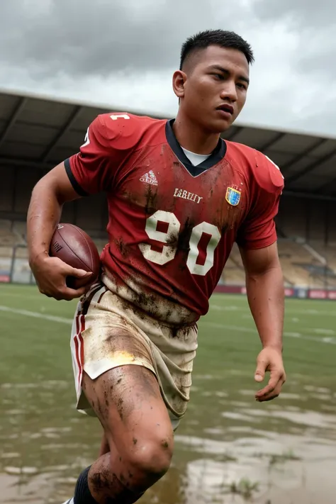 (((1man))),serious face of Syahnk,malay, muscular, (brown eyes),sport clothes,(tight jersey), handsome, jock, dynamic, (sfw),(football player), (running on field with muddy),(dirty),(body sweat),(mud on cloth),wet sock,raining,stadium,(cloudy),(intricate d...