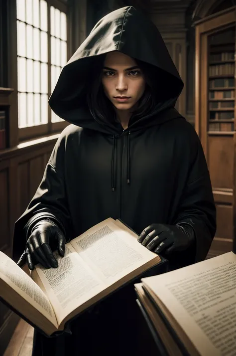 The hooded figure, with black leather gloves, leafed through the old book with an intensity that contrasted with the solemn silence of the library.