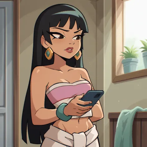 score_9_presence, score_8_up, chel, el dorado, wrapped in towel, medium breasts, holding phone