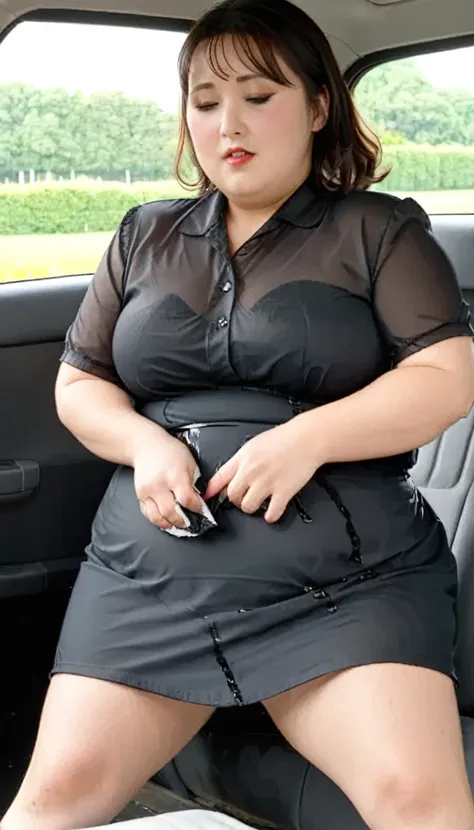 1girl,(masterpiece:1.8),photo-realistic,16k,(beautiful 40s japanese plump lady,chubby:1.5),(in the car:1.2),(black chiffon frilled blouse:1.5),(skirt:1.4),(sandals:1.2),(She puts a handkerchief between her legs:1.6),(leaking pee:1.6),(dripping pee:1.5),(bl...