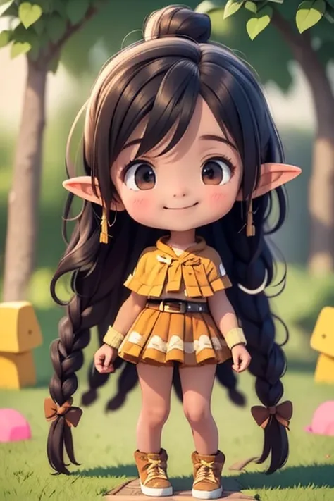 a woman, 20 years old, beloved hair, elf ears, brown eyes, red top, short cape, black color, black skin-tight pants, wearing a black leather belt with blade tips in her hand, she holds a golden crossbow, he smiles, a 3D ULTRA HD game character