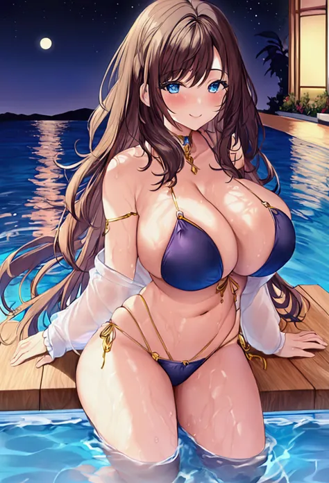 masterpiece, Best Quality, Girl, women, high resolution, Girl anime, women sexy, big breasts, smiling, in the pool, touching his clothes, more huge breasts, Adult, touching her breasts, evening, by the wide, dark sky, girl masturbating, 27 years, beautiful...