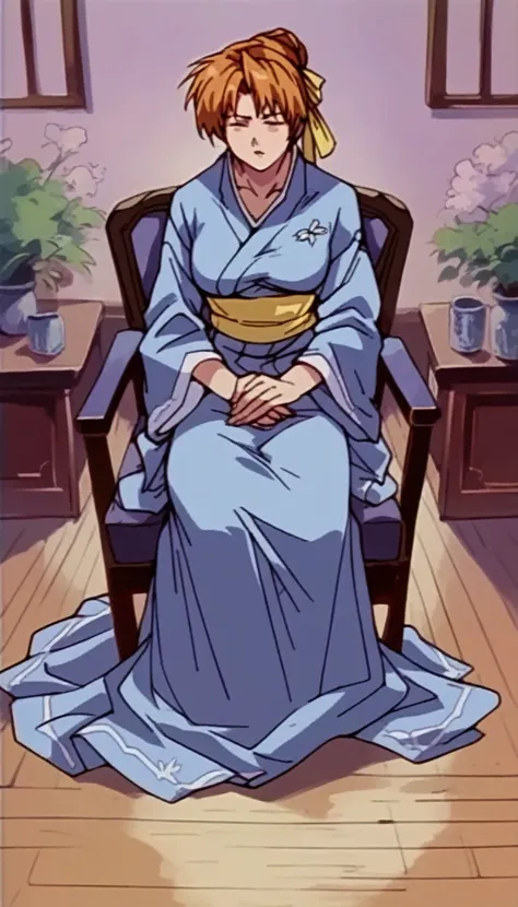 kasumi from dead or alive, blue kimono, mature, milf, sit in a chair