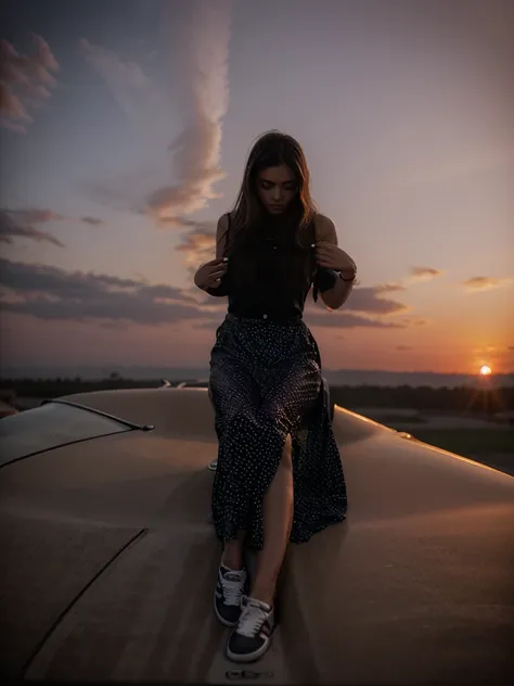 Girl sitting on the hood of a car at sunset realistic photographic photography quality 