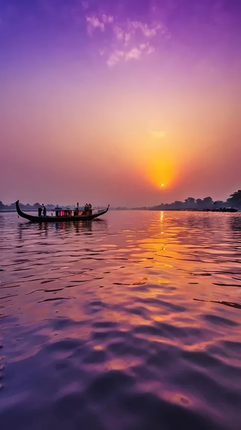 a serene sunset scene by the ganges river,beautiful detailed sky with vibrant colors reflecting on the shimmering water surface,gentle waves lapping against the shore,distant sounds of prayers being sung,atmospheric lighting,photorealistic,8k,highly detail...