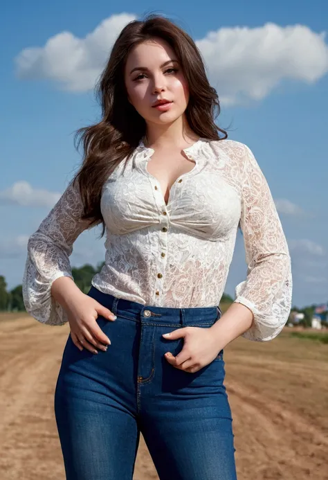 Feminine girl, dark brown hair, white skin, curvy model (hips, buttocks), perfect anatomy (perfect hands and face), tourist place (loose blouse with low chest, wide boot jeans), makeup, sunny day, sky, closeup, real, skin texture, canon camera focus, RAW p...