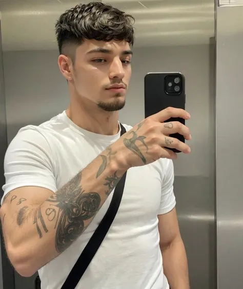 Youngh, age 25, smooth handsome goatee, muscular man photo in mirror looking at camera with straight dark hair in high quality 