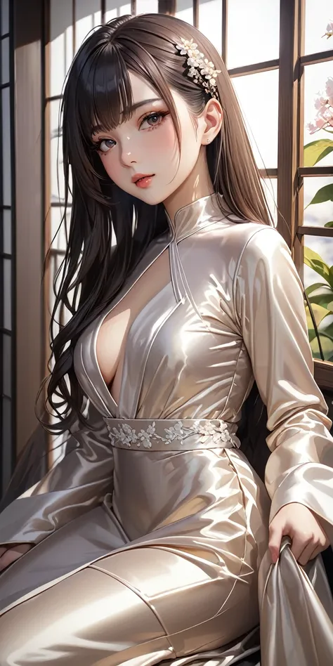 Portraiture、(masterpiece,Highest quality,Ultra-high resolution),Japanese women, (((Very beautiful 25 year old girl))),She is wearing a long-sleeved dress made of shiny satin fabric.、The dress has a simple design and doesn&#39;t reveal any bare skin.